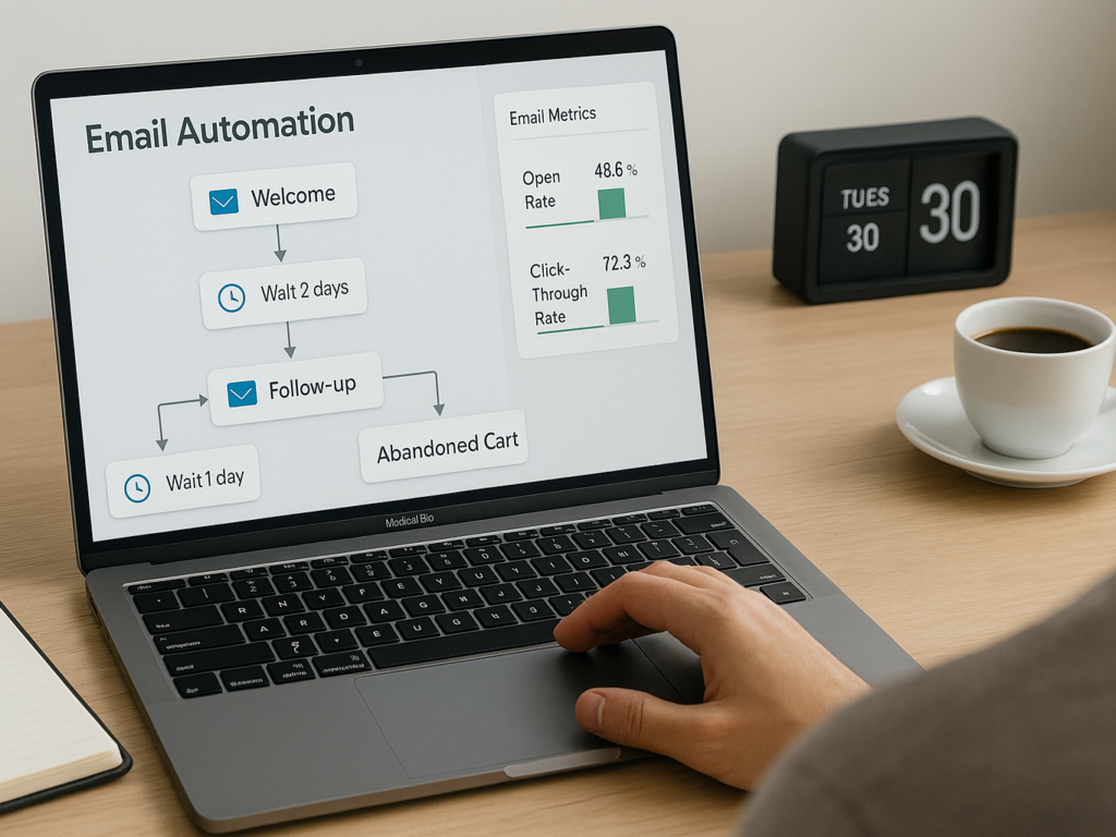 A person crafting an automated email sequence on a laptop, with a flowchart of timed emails and triggers visible. An email preview window and performance stats are also open, showing strategic planning in action.