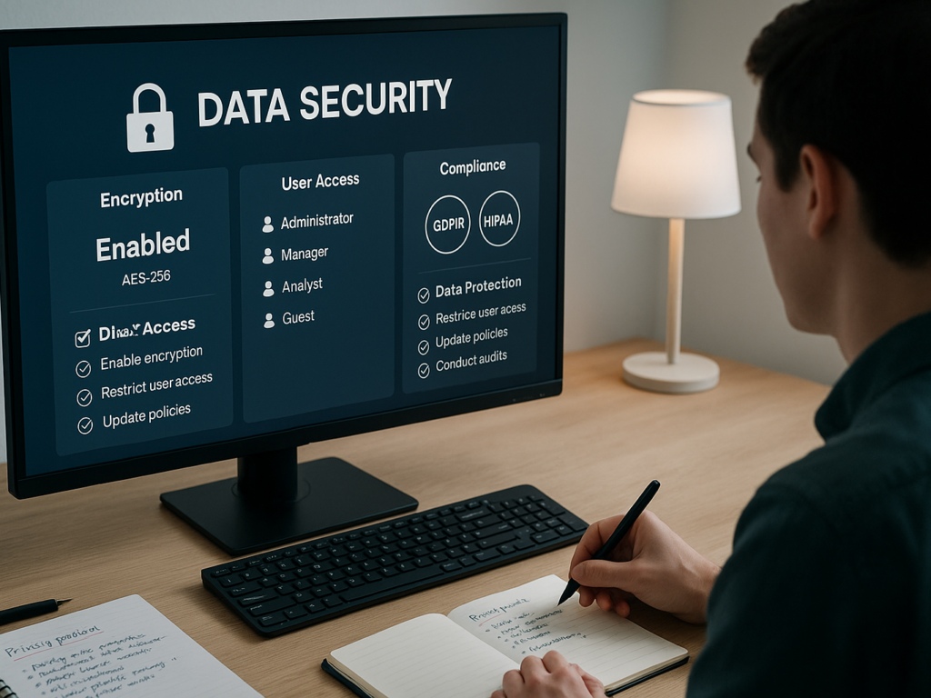 A person reviewing security settings and data encryption options on a computer screen.