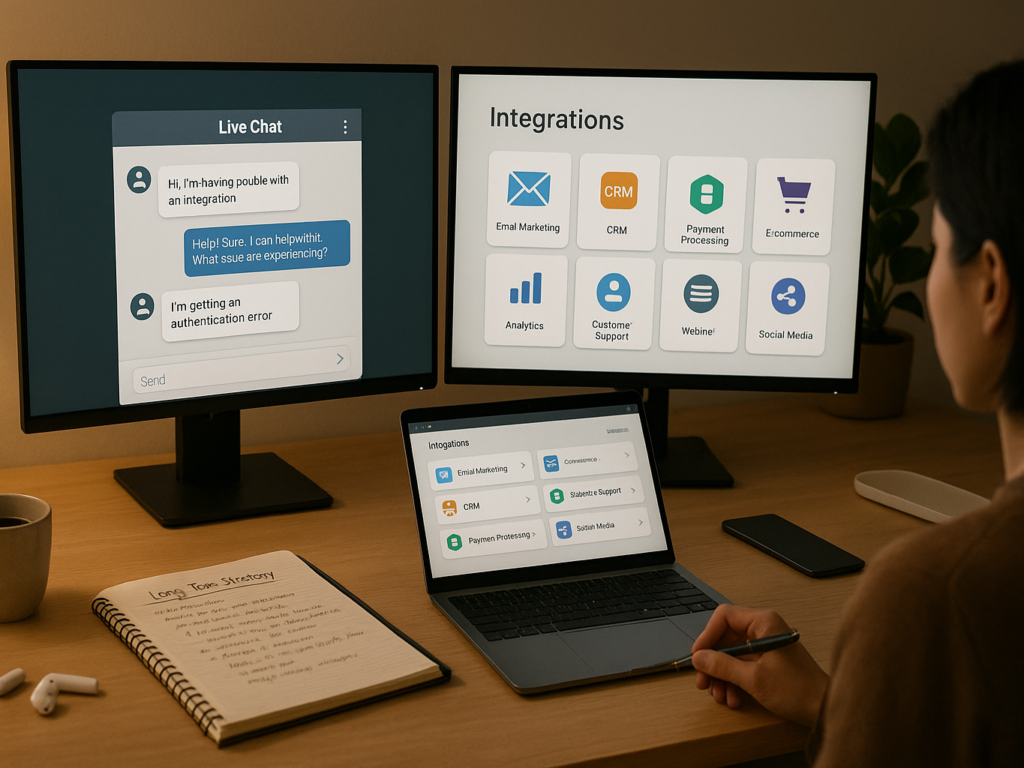 A person chatting with customer support on one screen while reviewing integration options like email tools and payment gateways on another.