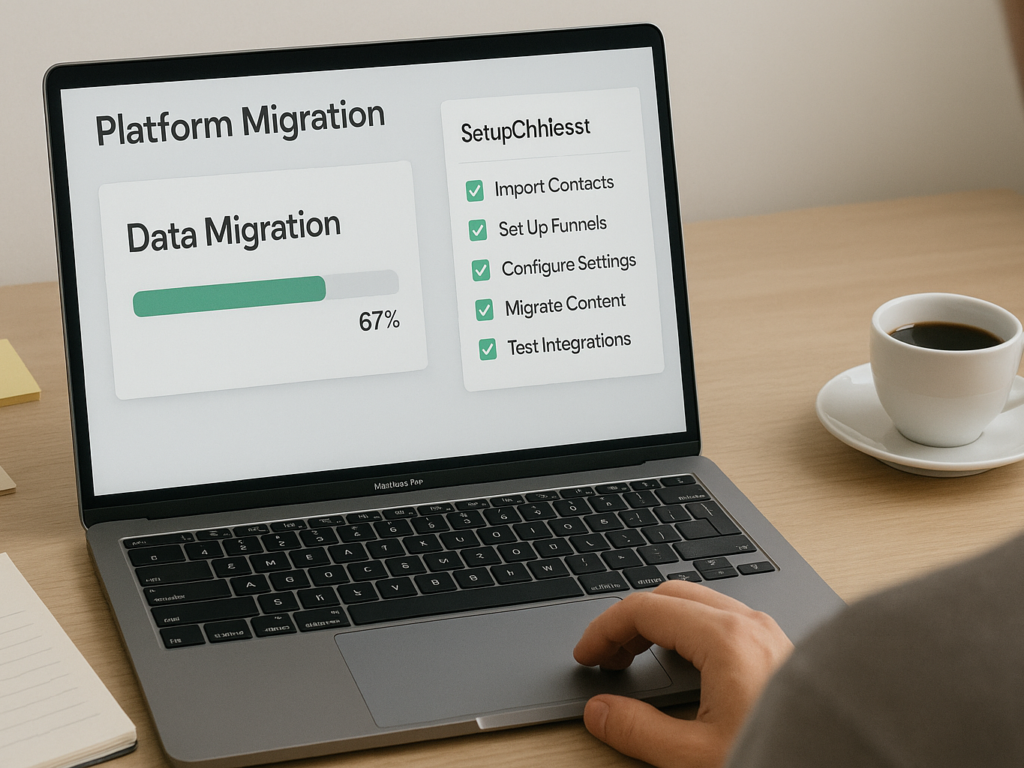 A person transferring data between two platforms on a laptop, with setup checklists and progress bars visible.