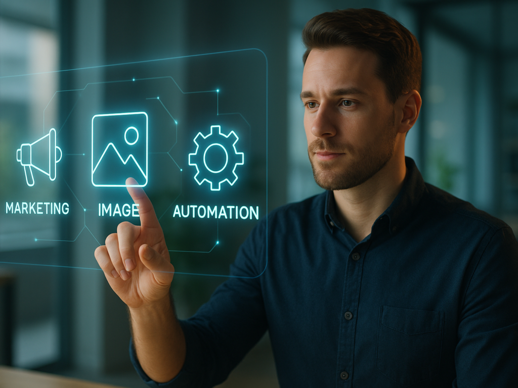 Modern entrepreneur surrounded by digital tools and analytics on a sleek user interface screen, representing streamlined business management in 2025.