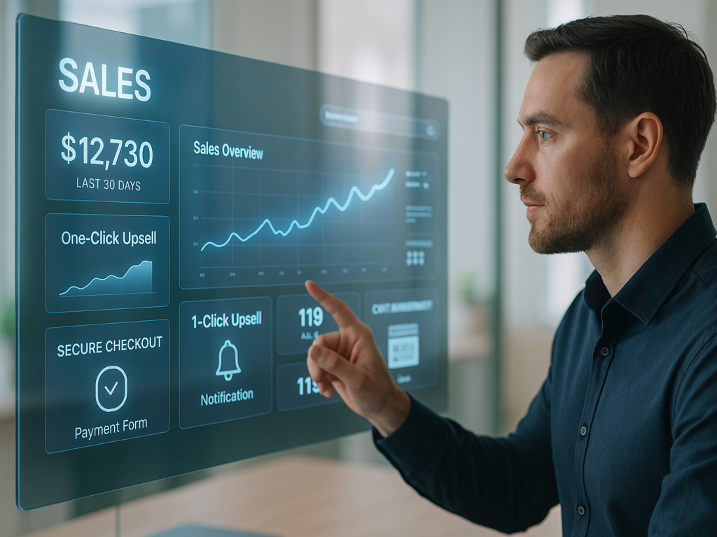 Digital entrepreneur managing online payments and sales from a sleek dashboard interface, with checkout forms, upsell prompts, and analytics visuals in the background.