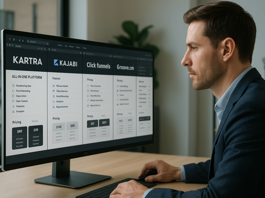Professional comparing multiple digital marketing platforms on a sleek multi-tab interface, evaluating features and pricing options on a modern workspace screen.
