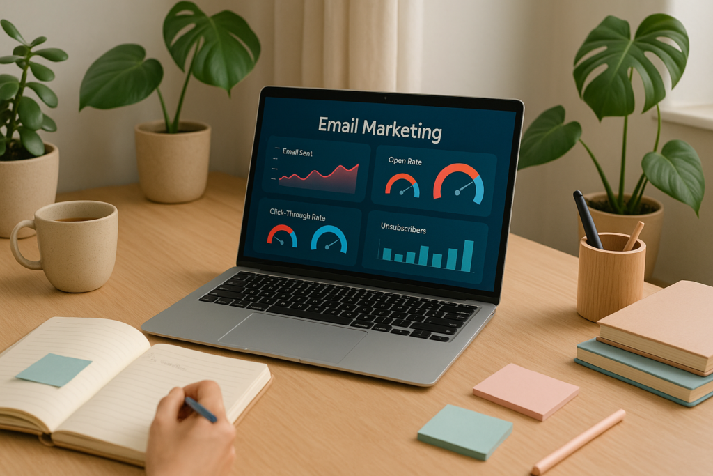 A creative workspace with a laptop showing a colorful email dashboard, surrounded by plants, notebooks, and a coffee mug, giving a cozy and focused vibe.