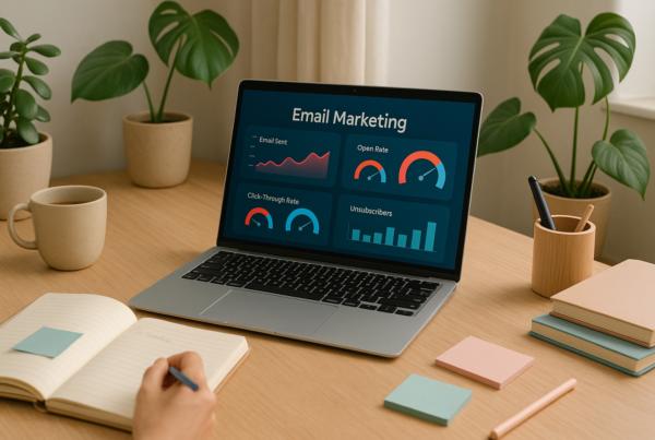 A creative workspace with a laptop showing a colorful email dashboard, surrounded by plants, notebooks, and a coffee mug, giving a cozy and focused vibe.