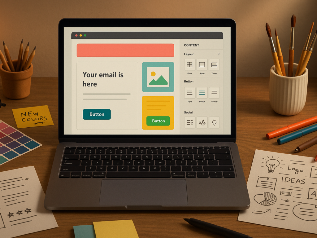 Close-up of a laptop screen showing a visually appealing email template editor, with color palettes and design elements open, on a cozy, well-lit desk.