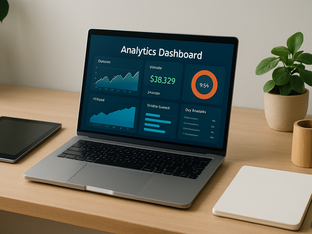 A laptop screen displaying colorful charts and graphs, surrounded by notebooks and a tablet, in a bright, focused workspace.