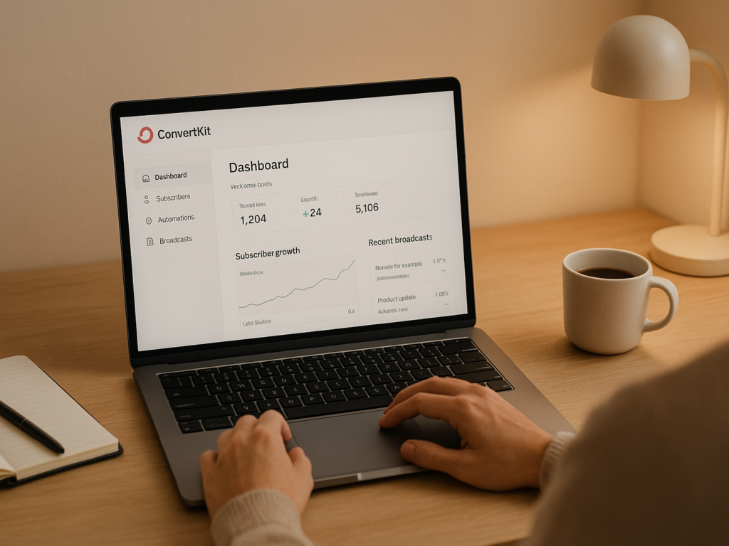 A person navigating a clean, simple dashboard on ConvertKit, surrounded by a tidy workspace with a calm and focused vibe.

