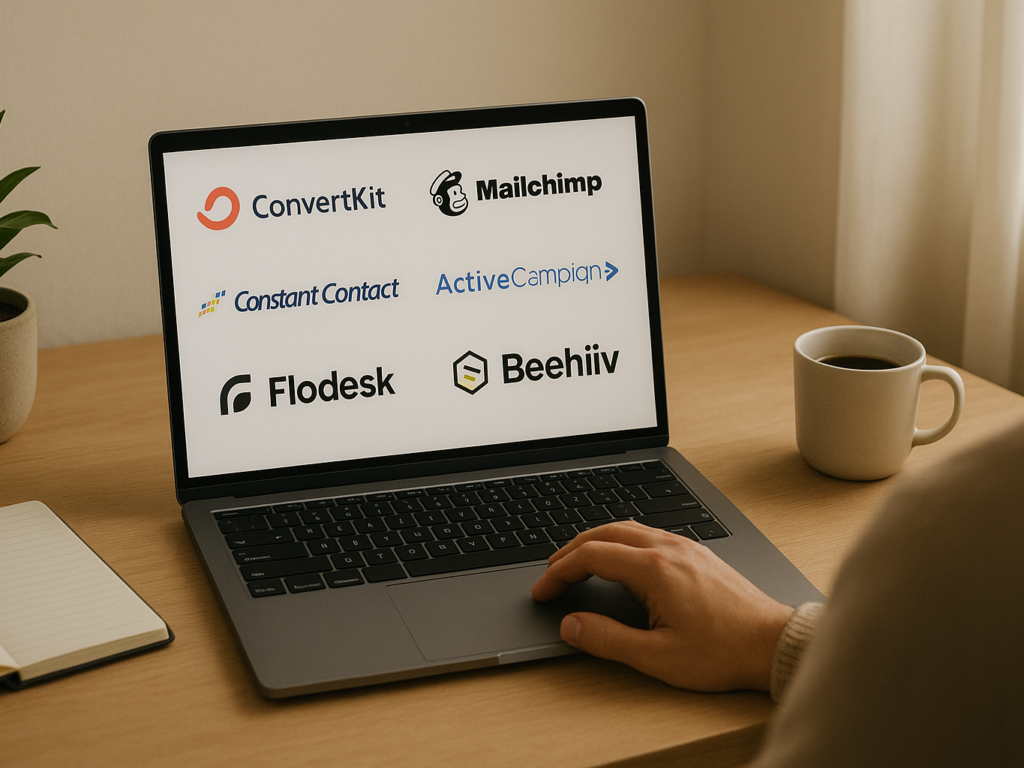 A creative professional comparing different email marketing platforms on a laptop,.