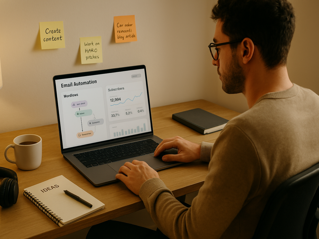 A focused content creator reviewing email subscriber growth and automation workflows on a laptop, surrounded by notebooks, headphones, and coffee in a minimalist workspace.

