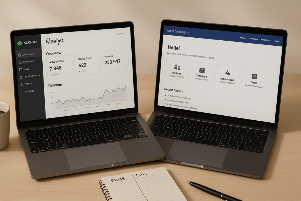 A split-screen view of two laptops side by side, one showing Klaviyo’s dashboard and the other displaying ActiveCampaign’s interface, with marketing charts and emails visible.