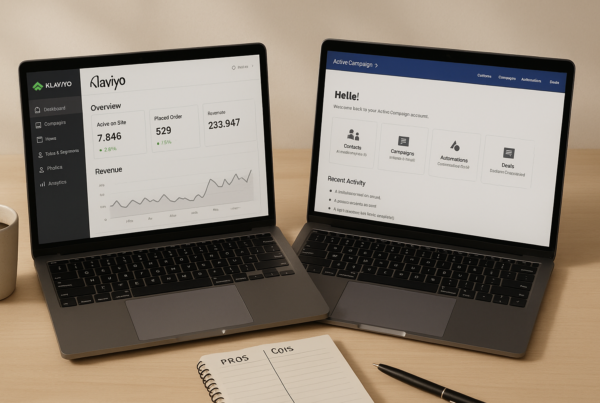 A split-screen view of two laptops side by side, one showing Klaviyo’s dashboard and the other displaying ActiveCampaign’s interface, with marketing charts and emails visible.