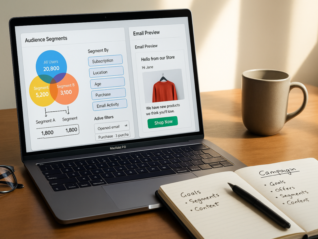 A marketer analyzing segmented customer data on a laptop, with colorful audience tags and dynamic email preview panels on screen.