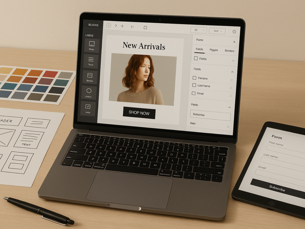 A laptop displaying a drag-and-drop email editor with a sleek promotional email in progress, alongside form customization tools and preview windows.