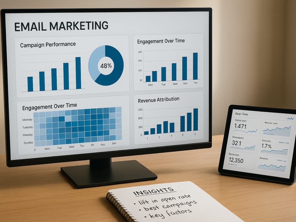 A person reviewing detailed email campaign analytics on a desktop monitor.