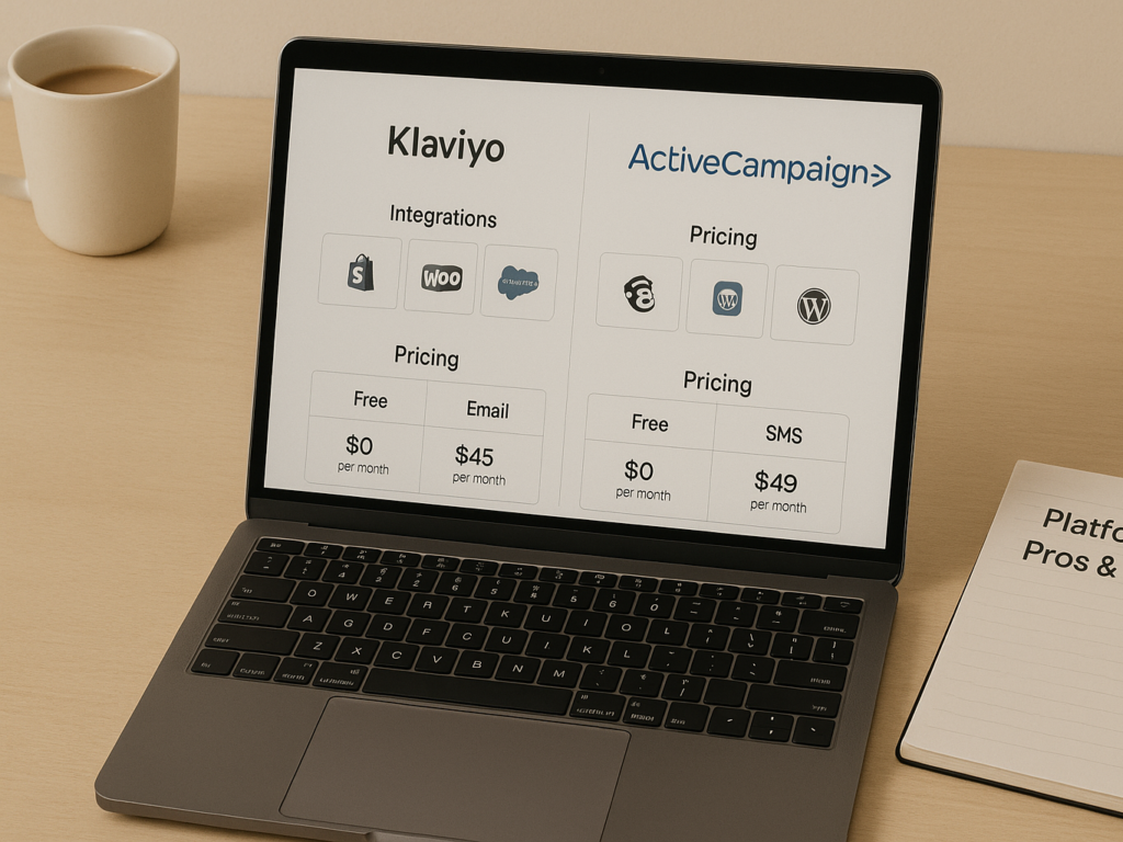 A laptop screen displaying a comparison chart of Klaviyo and ActiveCampaign pricing plans.