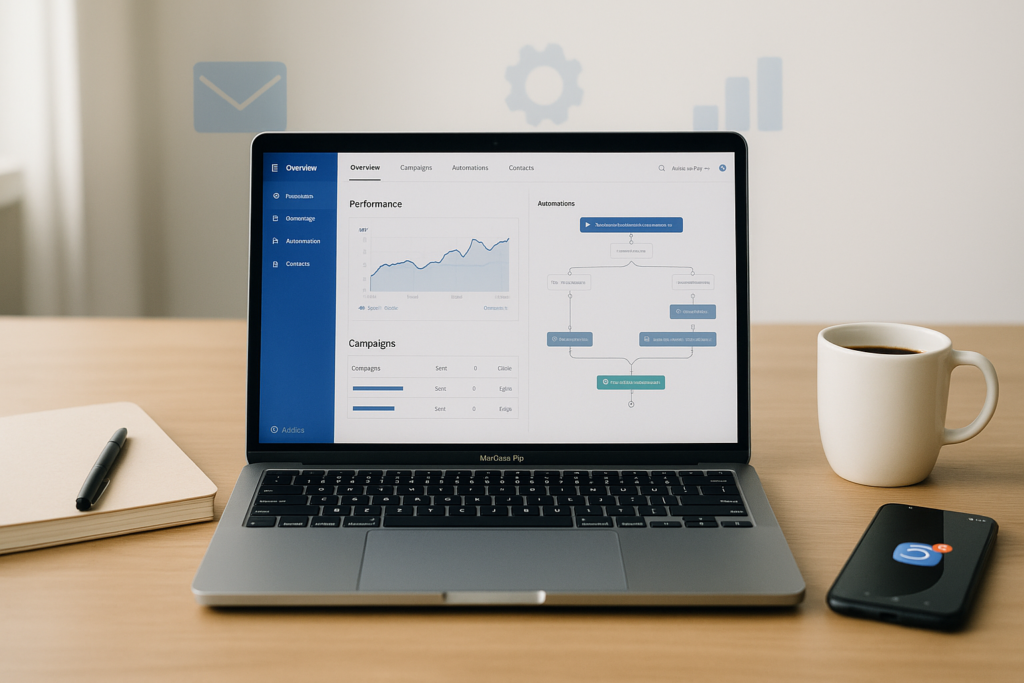 A clean, modern digital workspace featuring a laptop displaying an email marketing dashboard with graphs and automation flows. Surrounding the laptop are productivity tools like a notebook, coffee cup, and smartphone with notifications. The color scheme includes soft blues and whites, reflecting the branding of ActiveCampaign. Subtle icons of email, gears, and analytics float in the background, evoking the theme of marketing automation.