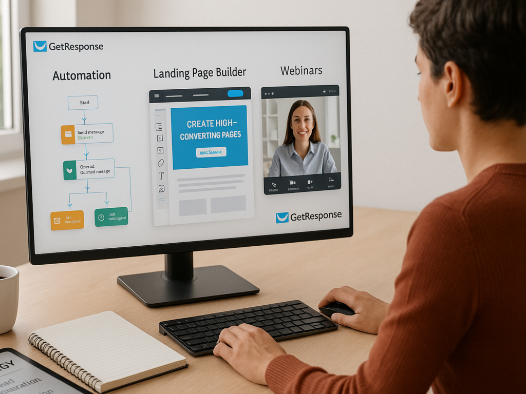 A marketing team member working on a sleek desktop computer displaying the GetResponse dashboard with visible features like email automation flows, landing page templates, and a scheduled webinar. The workspace includes a tablet showing webinar setup tools, and notes labeled “All-in-One,” “Lead Growth,” and “Automation.” Bright, professional lighting and a clean, modern environment suggest productivity and ease of use.

