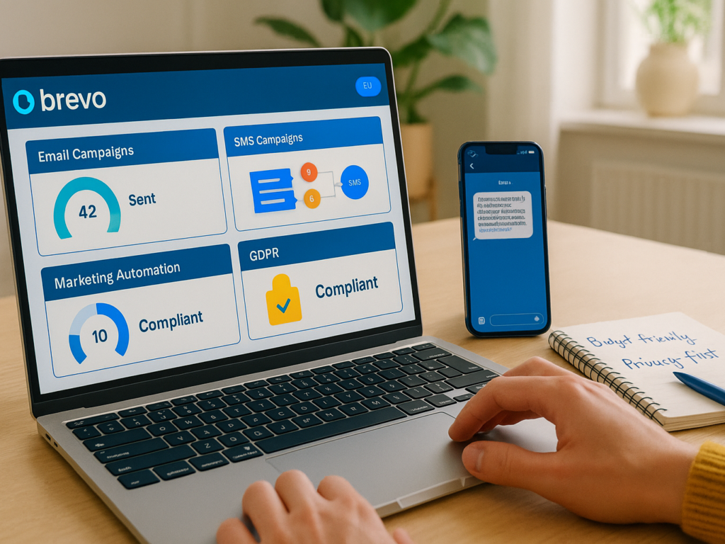 A mid-sized business marketer working on a laptop displaying Brevo’s clean dashboard with active email and SMS campaign tiles. On the side, sticky notes show "GDPR", "Automation", and "Segmentation." A smartphone next to the laptop shows an SMS preview, while a pop-up window on-screen highlights contact list segmentation and a shared inbox. The setting is minimal, European-style, with natural light and a privacy-focused, budget-conscious feel.

