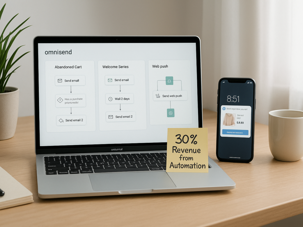 A sleek digital workspace showing Omnisend's ecommerce marketing dashboard on a laptop screen, with automation workflows for email, SMS, and push notifications visible. A pie chart displays 30% revenue from automation. Nearby, a smartphone shows an abandoned cart reminder. The environment is tidy, softly lit, with notes on multichannel strategy and customer journey optimization.

