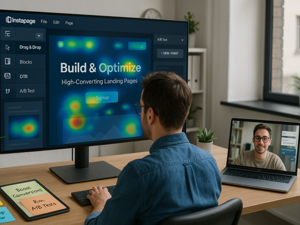 A modern office workspace showing a marketer using Instapage on a desktop monitor. The screen displays a drag-and-drop landing page editor with customizable blocks, A/B testing settings, and heatmap analytics. A notepad on the desk lists CRO strategies, while a teammate collaborates in real-time via chat on a laptop nearby. The environment is clean, well-lit, and tech-savvy, emphasizing efficiency and conversion-focused design.

