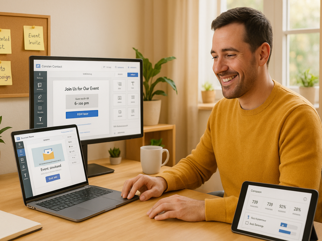 A cheerful small business owner sits at a desk using Constant Contact on a laptop, crafting an email campaign with a drag-and-drop editor. Event invitations and social media posts are visible on a secondary screen. The dashboard highlights campaign analytics, RSVP tracking, and list segmentation features. The setting is warm, well-lit, and approachable, emphasizing ease of use, small business empowerment, and marketing simplicity.

