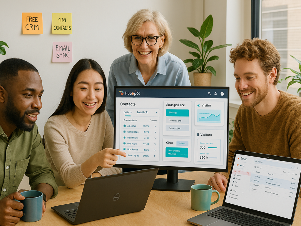 A modern tech workspace with a diverse team collaborating around a large screen displaying HubSpot’s CRM dashboard. The interface shows contact records, a live chat setup, and a sales pipeline. One user is integrating Gmail on a laptop, while another checks visitor tracking on a tablet. Sticky notes on the wall include terms like “Free CRM,” “Email Sync,” and “Live Chat.” The setting features clean design, natural light, and a productive, team-oriented atmosphere.

