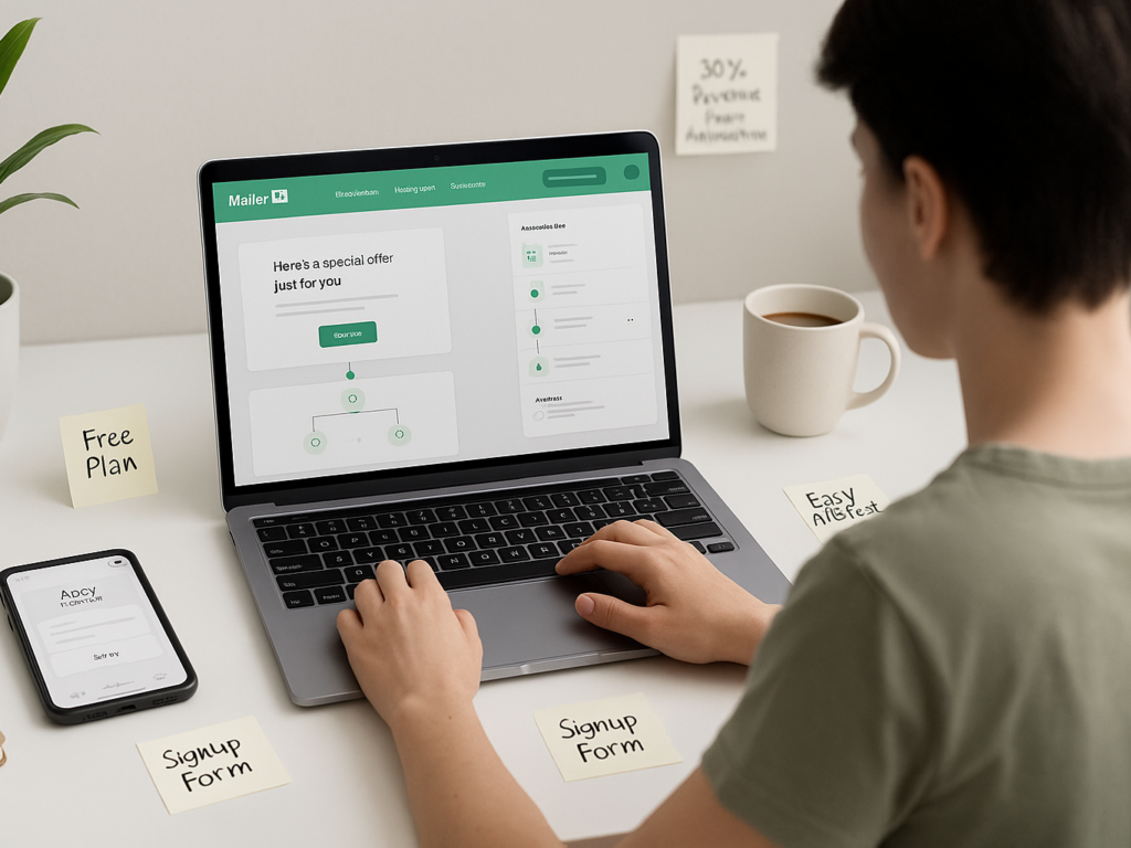 A young entrepreneur sits at a minimalist desk using MailerLite on a laptop. The screen shows the drag-and-drop email editor and a simple automation workflow. A sidebar highlights landing page builder, sign-up forms, and campaign analytics. The workspace is clean, softly lit, and organized with post-it notes reading “Quick Setup,” “A/B Test,” and “Free Plan.” The setting conveys ease of use, simplicity, and beginner-friendliness in a tech-savvy environment.

