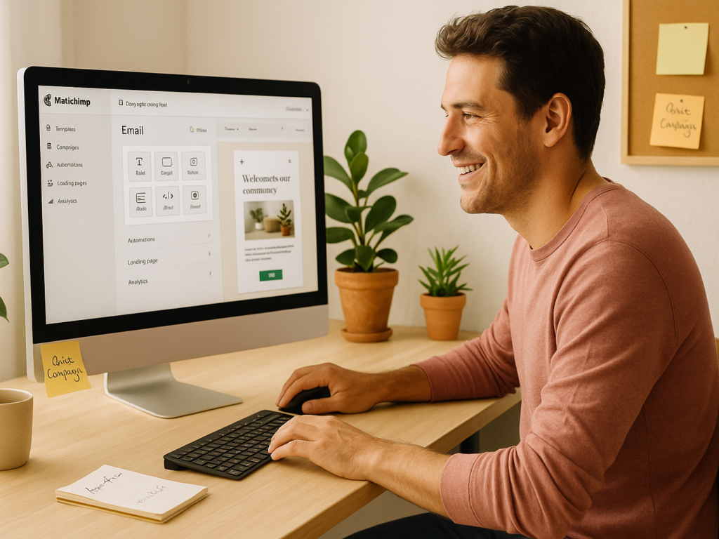 A cheerful small business owner uses Mailchimp on a desktop computer in a bright, organized workspace. The screen displays an email campaign being built with the drag-and-drop editor, while sidebar tools show automation, landing pages, and analytics tabs. The workspace is neat, with sticky notes saying “Quick Campaign,” “Automation,” and “Free Plan.” The atmosphere is approachable and creative, ideal for beginners and small businesses.

