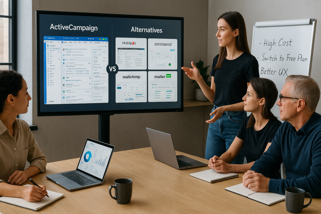 A professional workspace showing a business team analyzing different CRM and marketing platforms on a large screen, comparing ActiveCampaign with alternatives like HubSpot, Omnisend, MailerLite, and Mailchimp. The ActiveCampaign dashboard appears cluttered with workflow issues, while other platforms display cleaner interfaces. A whiteboard beside them lists concerns like “High Cost,” “Complex UI,” and “Looking for Free Options.” The setting is clean, tech-forward, and naturally lit, reflecting strategic business decision-making.