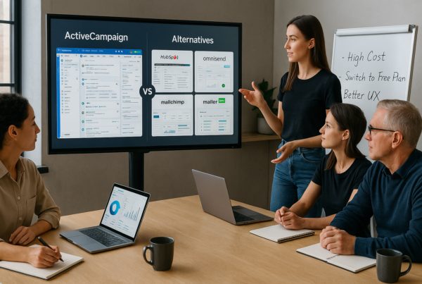 A professional workspace showing a business team analyzing different CRM and marketing platforms on a large screen, comparing ActiveCampaign with alternatives like HubSpot, Omnisend, MailerLite, and Mailchimp. The ActiveCampaign dashboard appears cluttered with workflow issues, while other platforms display cleaner interfaces. A whiteboard beside them lists concerns like “High Cost,” “Complex UI,” and “Looking for Free Options.” The setting is clean, tech-forward, and naturally lit, reflecting strategic business decision-making.