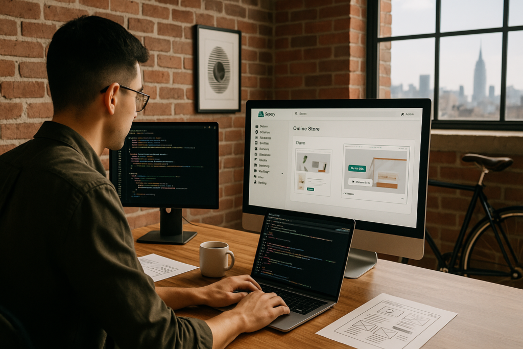 Shopify developer working in a trendy Brooklyn office, designing an online store with the Shopify dashboard open on a laptop, surrounded by code, design notes, and creative workspace decor.