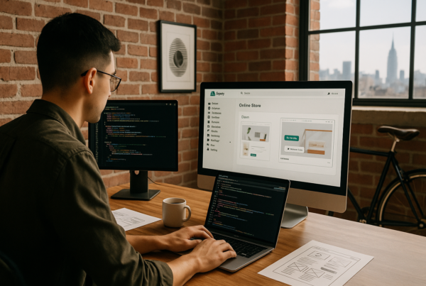 Shopify developer working in a trendy Brooklyn office, designing an online store with the Shopify dashboard open on a laptop, surrounded by code, design notes, and creative workspace decor.