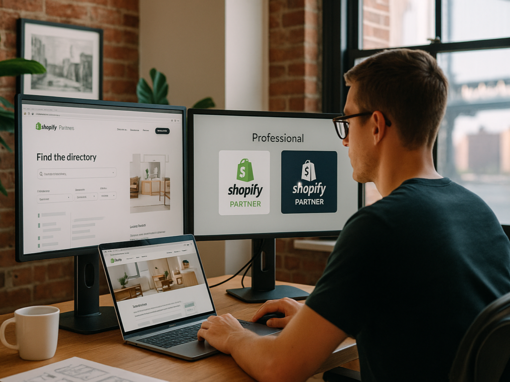 Shopify developer in a modern Brooklyn office reviewing Shopify Partner certification on a computer screen, with digital badges and portfolio open, surrounded by exposed brick, greenery, and urban work decor.