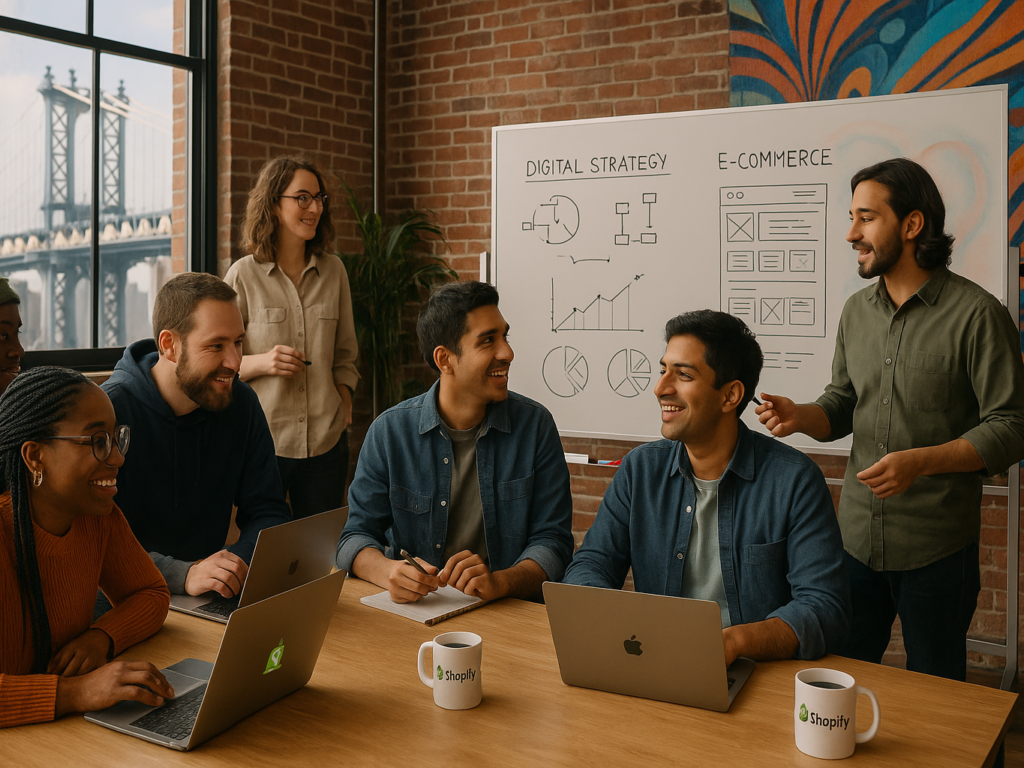 Team of Shopify developers working in a modern Brooklyn tech studio with exposed brick, digital planning boards, and the Manhattan Bridge visible through large windows, reflecting the borough’s vibrant eCommerce ecosystem.