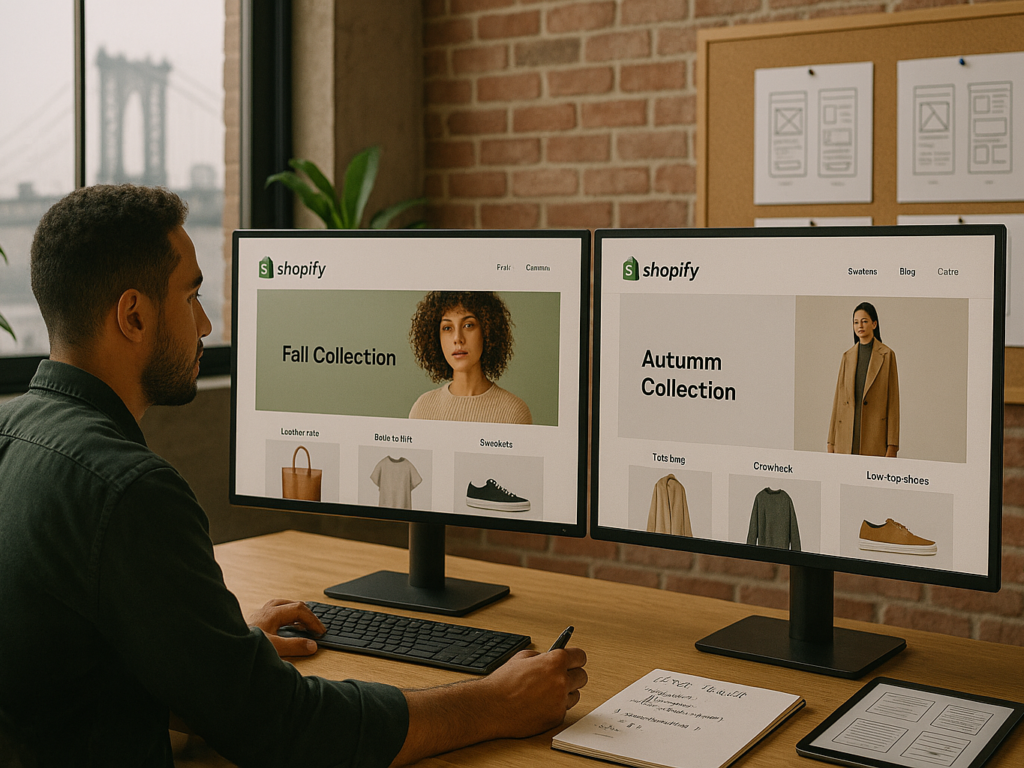 A Shopify developer in a stylish Brooklyn studio comparing the Brooklyn theme and a custom Shopify theme on dual monitors, surrounded by design mockups, code snippets, and a creative workspace filled with natural light and local NYC decor.