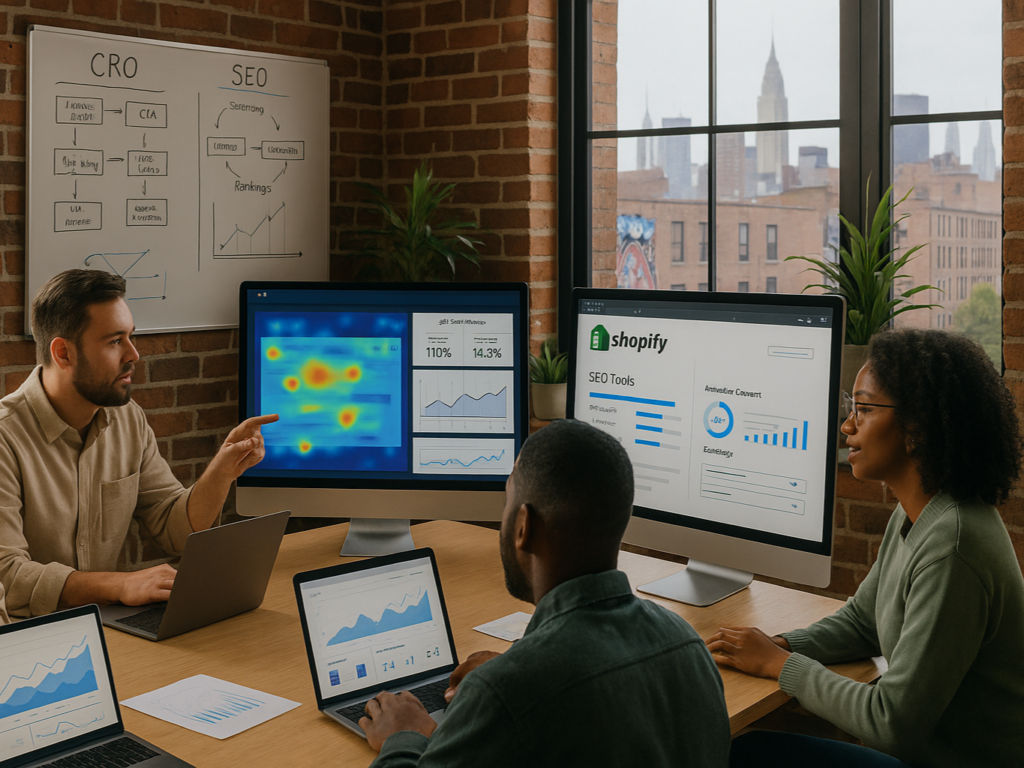 Shopify developers in a Brooklyn office analyzing SEO and CRO data on large monitors, with heatmaps, whiteboards, and a skyline view in a modern workspace.