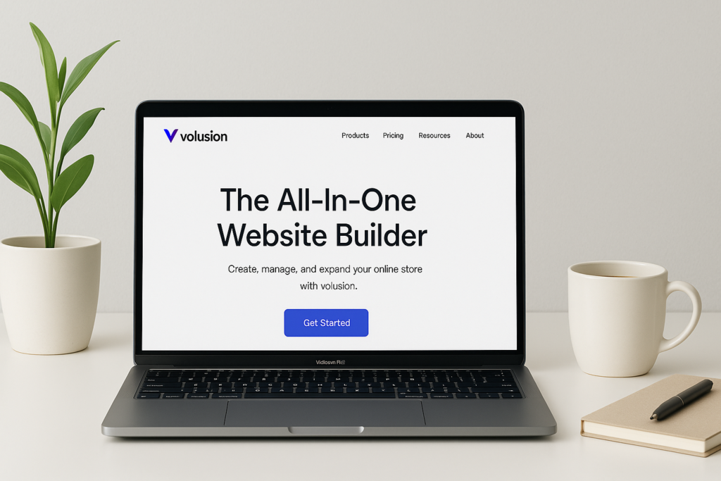Modern laptop screen displaying Volusion’s website builder dashboard, surrounded by minimalist workspace items like a coffee mug, notepad, and plant on a clean desk.