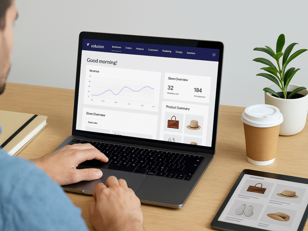 Entrepreneur using Volusion’s eCommerce dashboard on a laptop at a stylish home office desk, with product images and charts on screen, representing small business users.