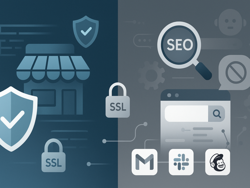 Visually split graphic showing Volusion’s security, SEO, and app integration capabilities—shield icon for protection, magnifying glass for SEO, and app connectors—highlighting both strengths and missing features like blogging and AI tools.