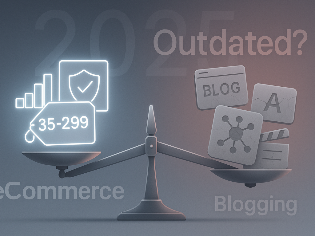 A modern, minimalist visual metaphor of a weighing scale. On one side, stack icons for inventory tools, pricing tags, and security shields. On the other, place faded or cracked symbols for blogging, AI, and digital products. The scale is tilted to represent imbalance, with a background of a faint "2025" calendar and an "Outdated" stamp subtly overlayed.