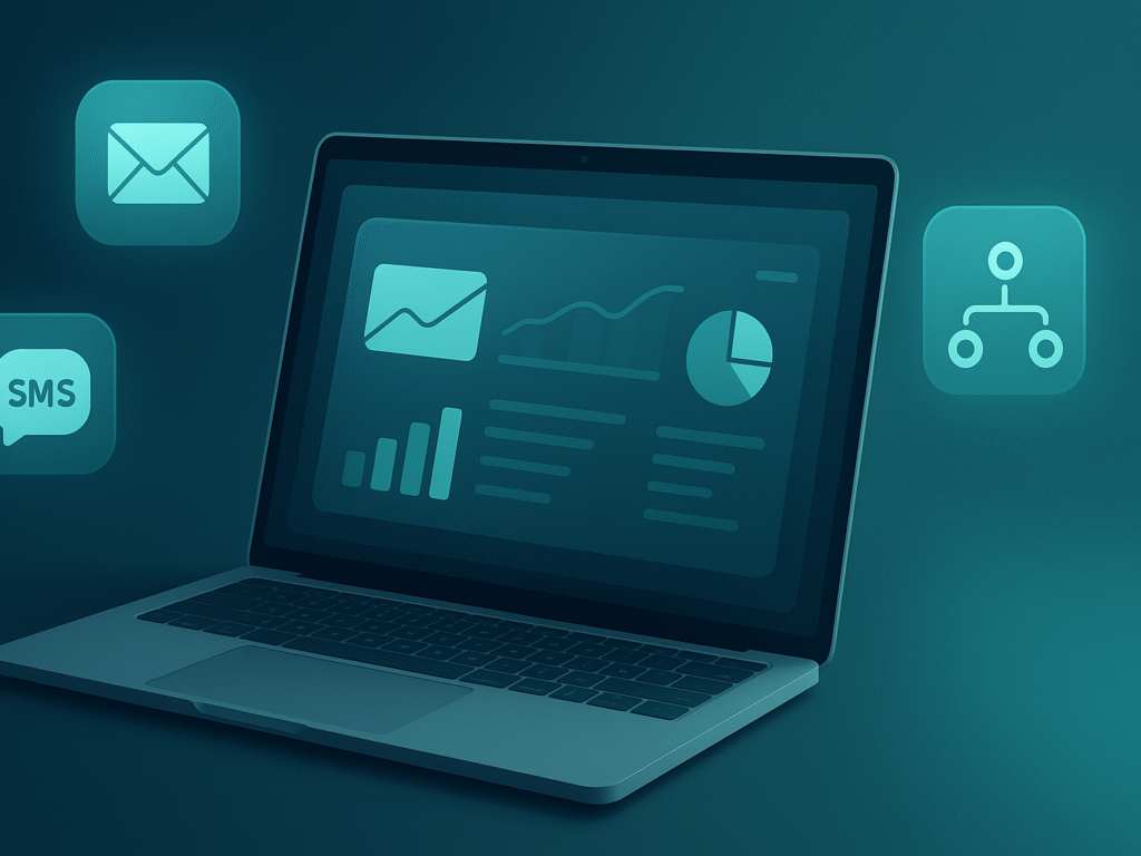 A laptop displaying a clean analytics dashboard, surrounded by soft floating icons symbolizing email, SMS, and customer data tools.