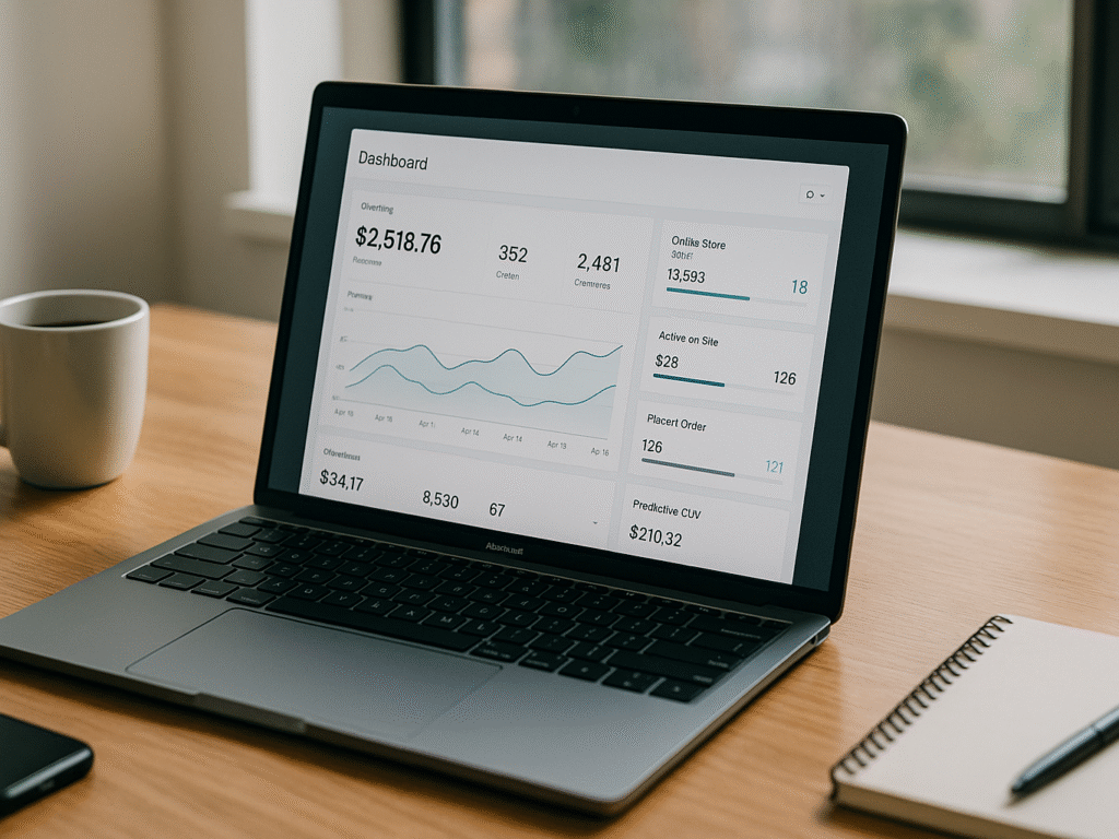 Alt text: A laptop on a wooden desk showing an analytics dashboard, with soft natural lighting and simple workspace items like a notebook and coffee cup.
