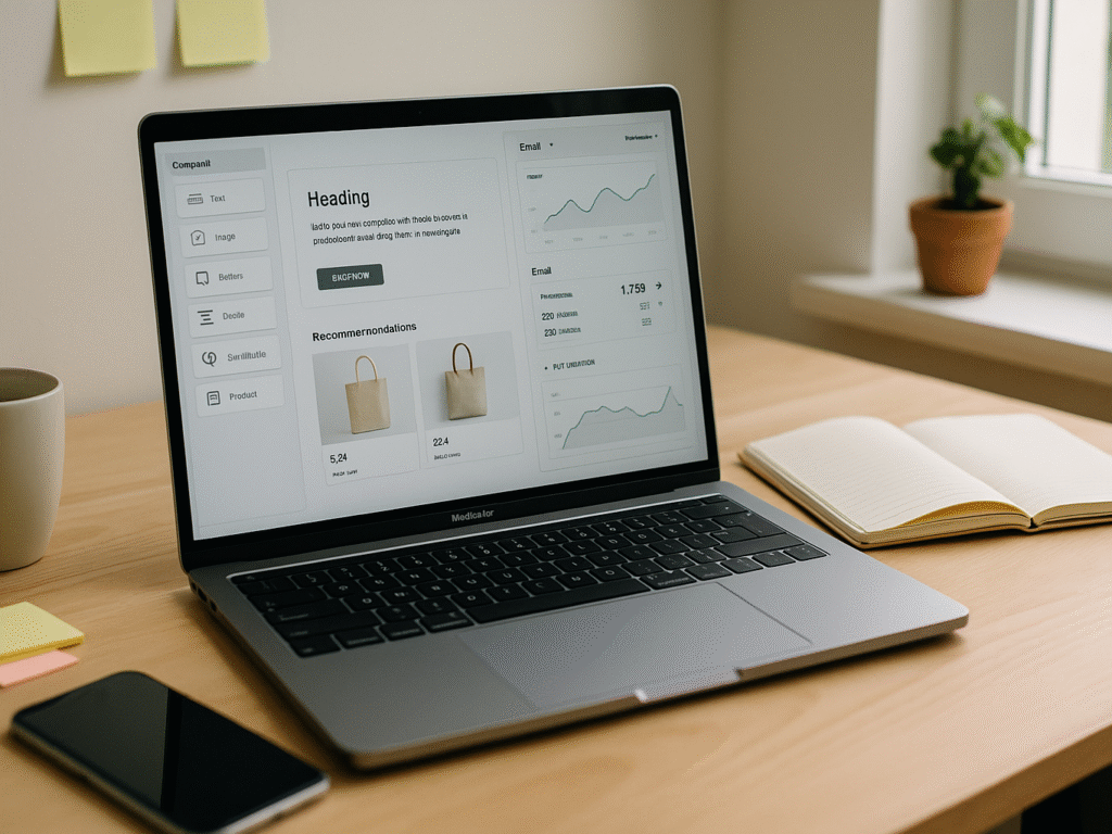 A laptop on a tidy desk showing an email editor with blocks and graphs, with natural lighting and workspace items like a notebook and coffee cup nearby.