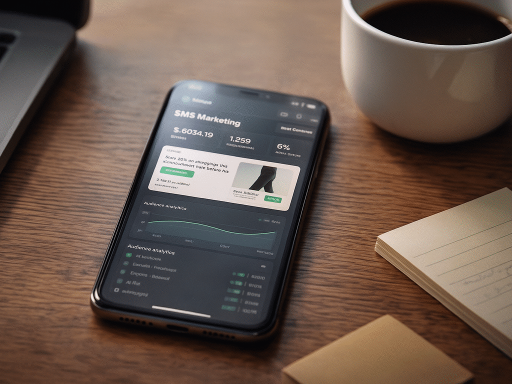 A smartphone on a desk showing an SMS marketing dashboard, with natural light and nearby workspace items like a laptop and coffee cup.
