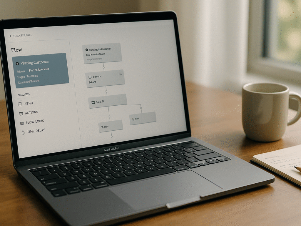 a laptop on a clean desk displaying a visual automation workflow with branching steps and triggers, lit by soft natural light.