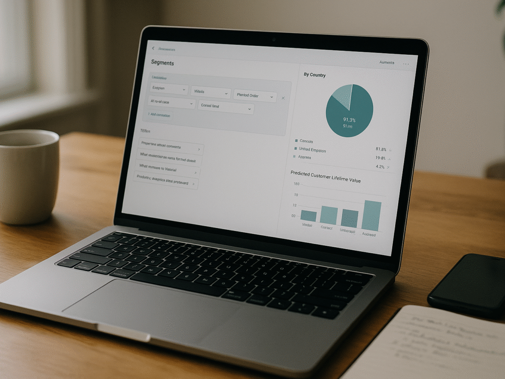 A laptop on a wooden desk showing a segmentation dashboard with customer data filters, surrounded by natural lighting and desk items like a coffee mug and notebook.