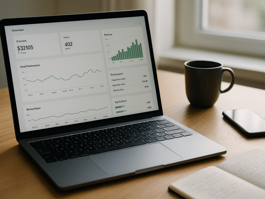 A laptop on a wooden desk showing a marketing analytics dashboard with charts and metrics, surrounded by natural lighting and simple workspace items.