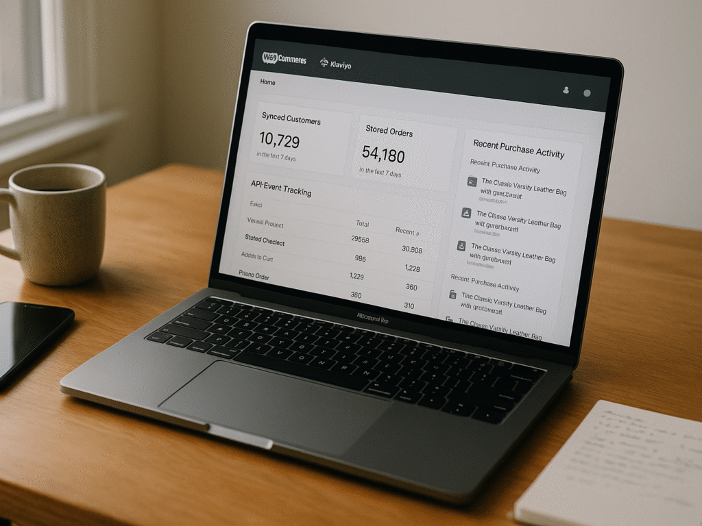 A laptop on a wooden desk showing a WooCommerce and Klaviyo integration dashboard with synced customer and store data, lit by soft natural daylight.