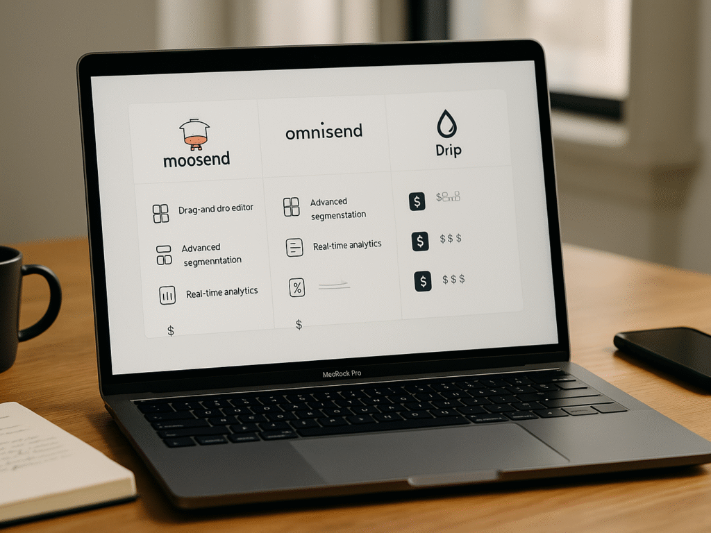 a laptop on a wooden desk displaying a comparison of Moosend, Omnisend, and Drip, surrounded by natural light and simple workspace items.